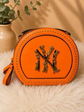 NY Yankees Inspired Orange Round Crossbody Bag Studded Purse Gold Hardware